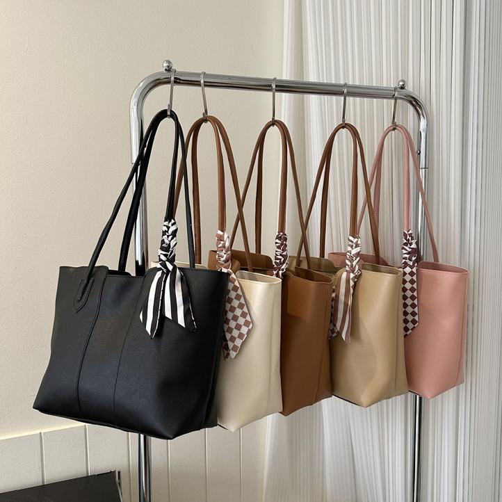 Solid Color PU Leather Large Capacity Tote Bag, Checkered Striped Silk Scarf Decor Long Handle Shoulder Bag For Women Office School Daily Commute