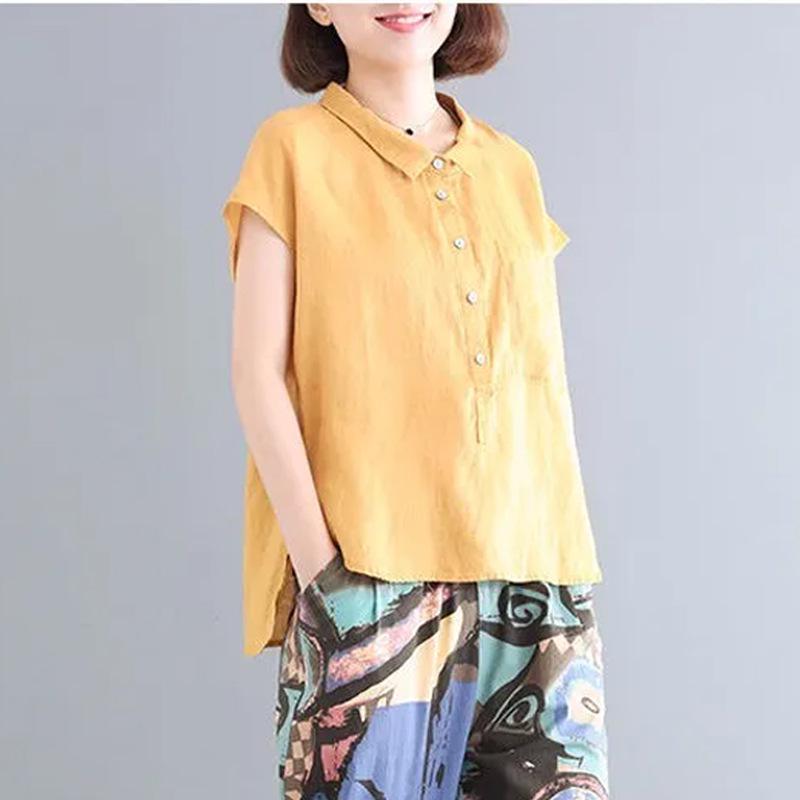 Women's 2024 Summer Retro Loose Cotton & Linen Mid-Sleeve Doll Collar Shirt