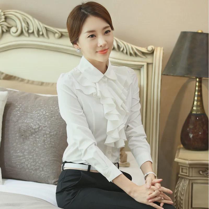 Spring Korean Style Doll Collar Ruffled White Chiffon Long Sleeve Slim Fit Women's Shirt