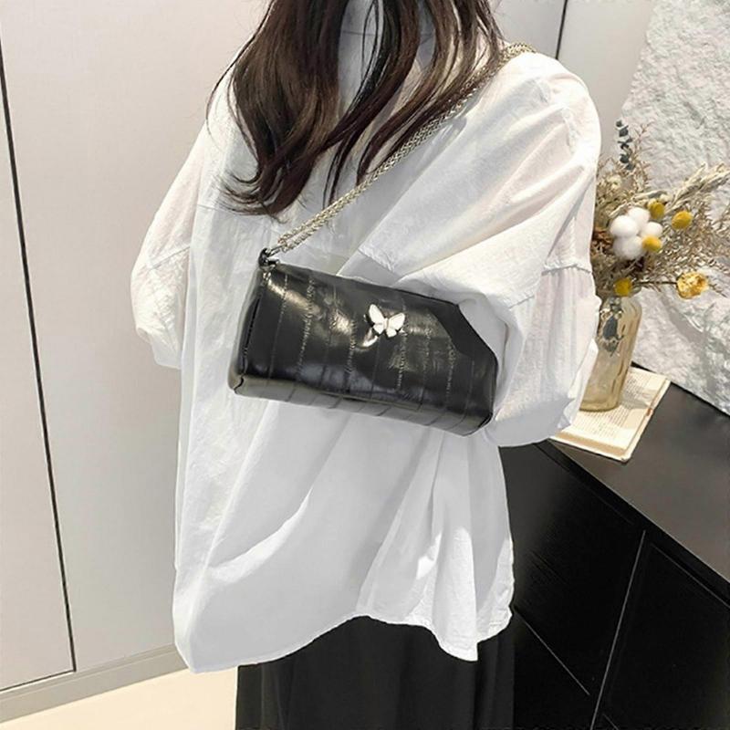 PU Leather Shoulder Bag for Women Girls Trend Chain Strap Crossbody Bag Butterfly Handbag All-Matching Messenger Bag  White