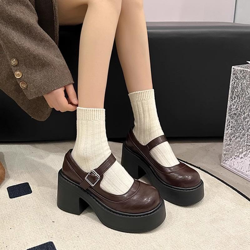 

Platform Mary Jane shoes women s spring and autumn with skirts, high heels, thick heels, retro small leather shoes women 40 коричневий
