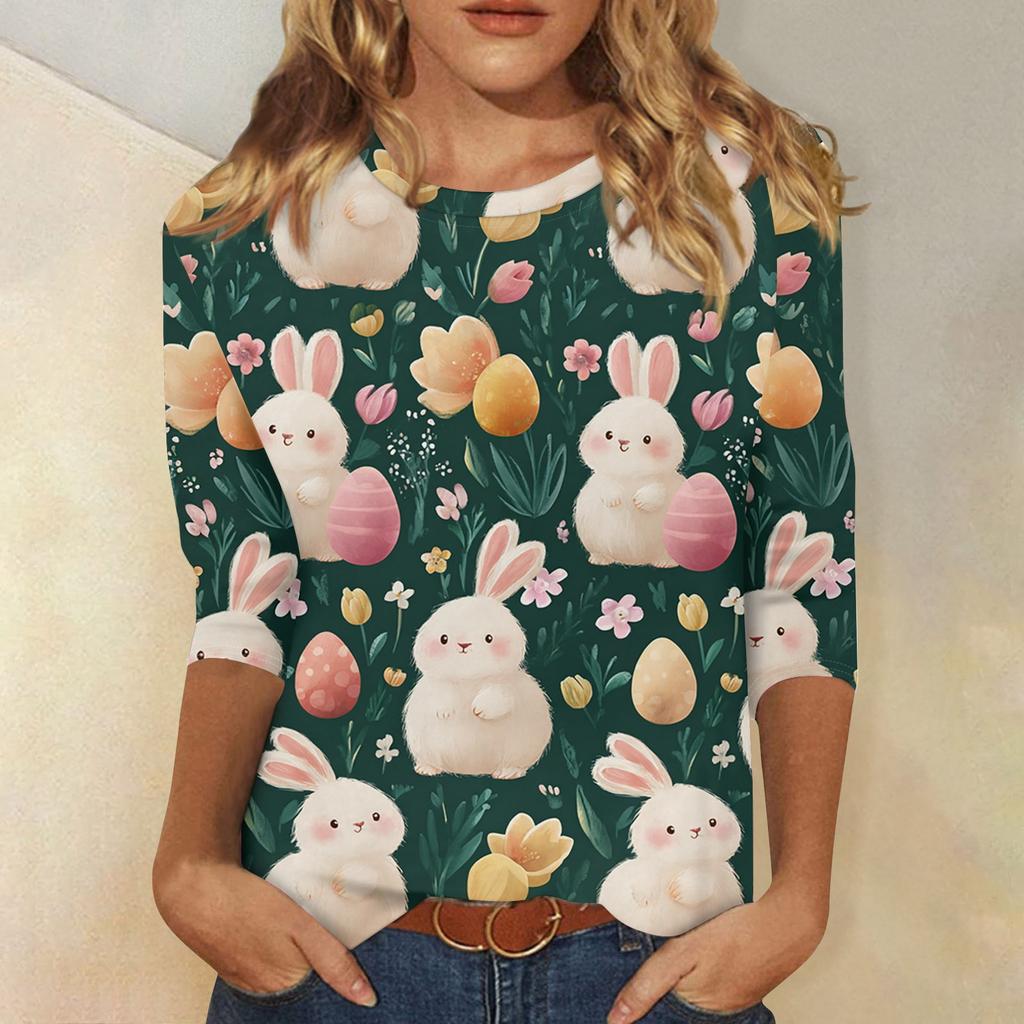 Women's Fashionable Casual Easter Bunny And Egg Print Neck Three-Quarter Sleeve T-Shirt