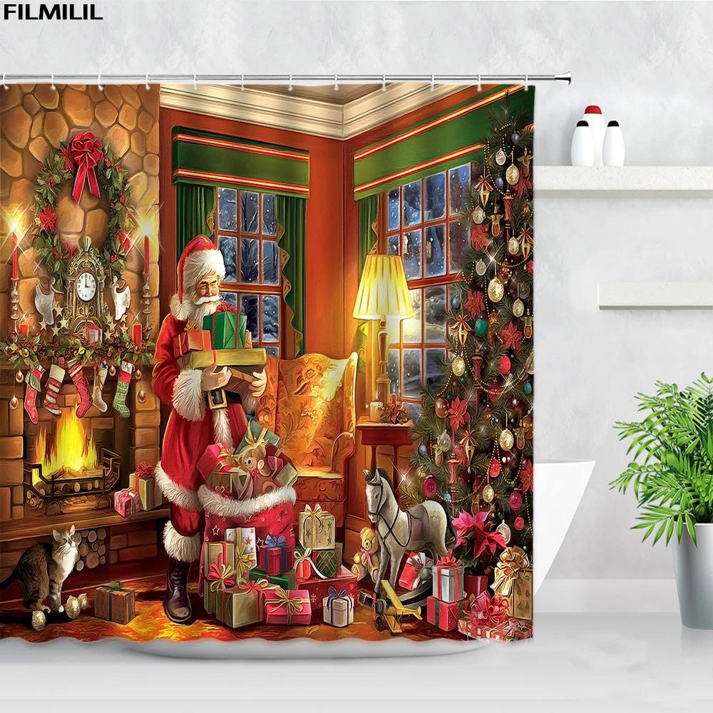 Retro olejomalba Vánoční sprchové závěsy Santa Claus Garland Xmas Tree Vintage krb Novoroční dekorace Sada koupelnových závěsů