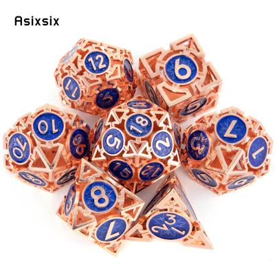 7-teiliges kupferblaues Metallwürfel-Set, kreisförmiges hohles Metall-Polyeder-Würfel-Set, geeignet für Rollenspiele, RPG-Brettspiele, Kartenspiele