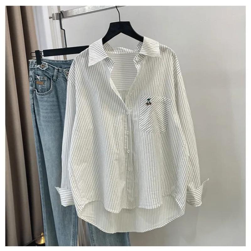 

Полосатая рубашка женская свободного кроя корейский стиль повседневная чистый хлопок длинный рукав тонкая S белый