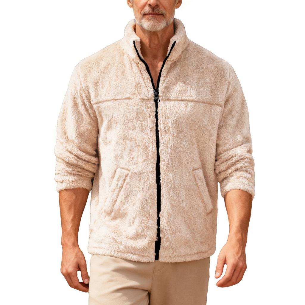 Men's Casual Solid Color Stand-up Collar Fleece Jacket, Men's Loose Zipper Long-sleeved Fleece Jacket
