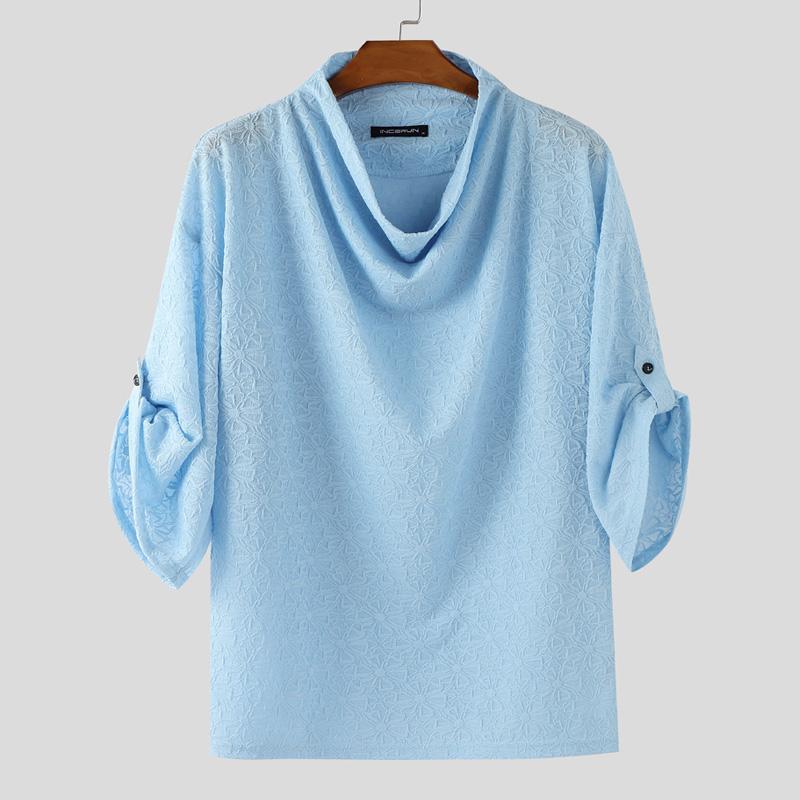 

INCERUN Oversized Men Swing Collar Half Sleeve Semi-Sheer Texture Flowers Casual Loose Shirts 5XL синий