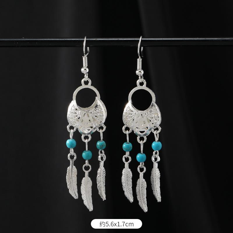 Retro Handmade Miao Silver Fringed Earrings Inlaid Turquoise Long Earrings Female Exotic Yunnan Dance Earrings