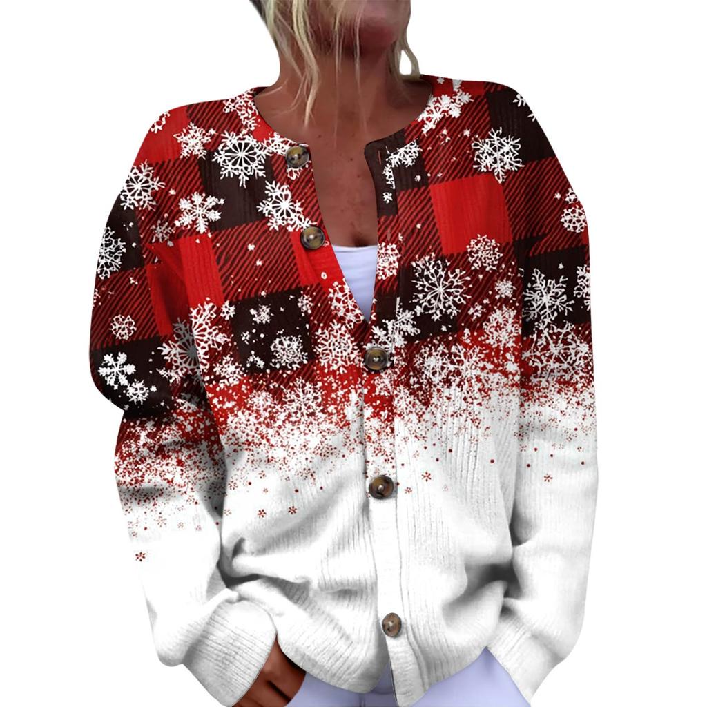 Women's Fashion Christmas Printed Long Sleeve Knitted Cardigan Button Down Jacket