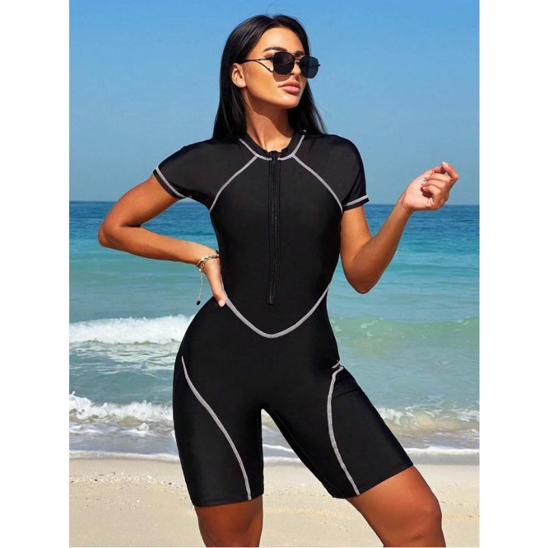 Women S Color Block Zip One Piece Swimsuit Bikini Surfing Suit