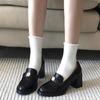High sense!! Camellia loafers women's 2025 new French thick heel black high heel British style small leather shoes