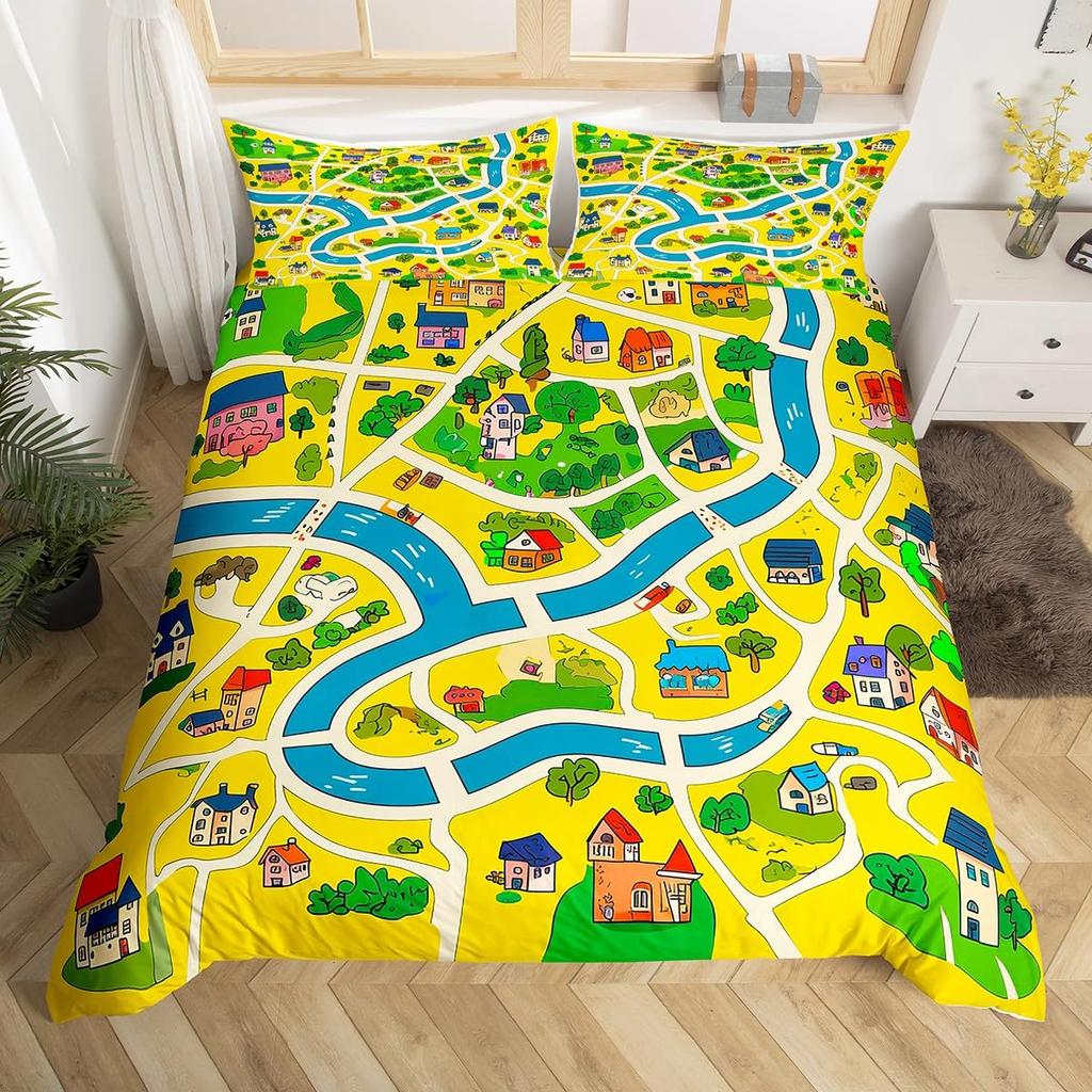 Rustic Suburb Duvet Cover Countryside House Tree Hand Graffiti Bedding Set Nature Scenery Comforter Cover Blue River Quilt Cover