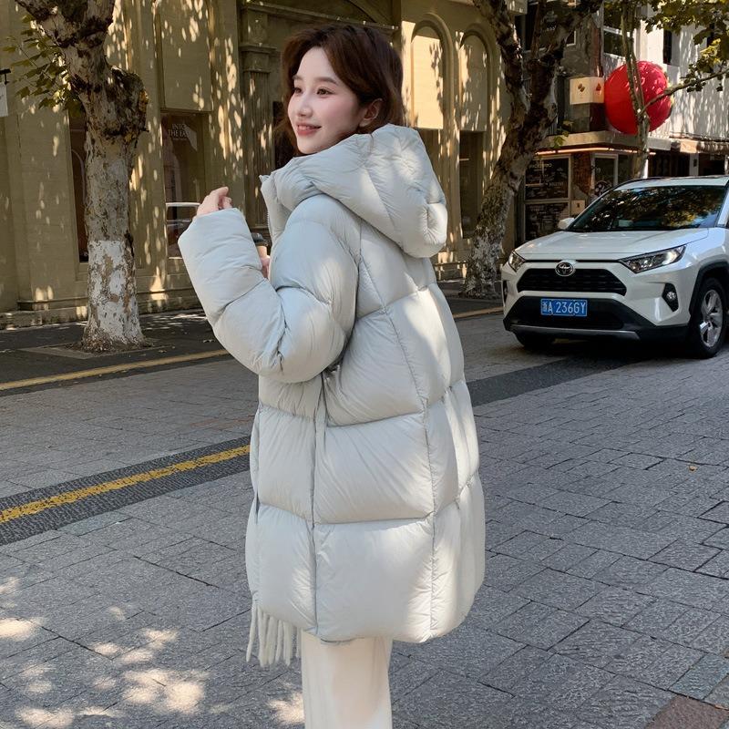 Large Version Down Cotton Clothes Women's Medium and Long Soft Warm Puffs Down Cotton Solid Color Hooded Small Fresh Coat