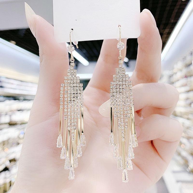 Exaggerated Long Geometric Diamond Tassel Earrings - Trendy, Flashy & Face-Enhancing