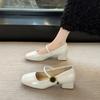 2025 new fashionable versatile square head shallow mouth middle heel women's shoes one-word buckle Mary Jane shoes single shoes women's small leathe