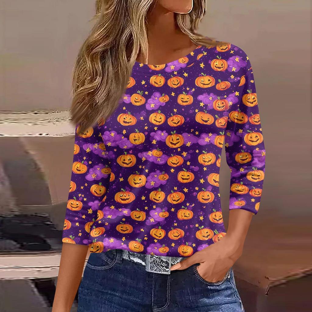 Women's 3/4 Sleeve Loose Fit Casual Shirt Round Neck Pullover Top Halloween Print Graphic T-Shirt for Everyday Wear