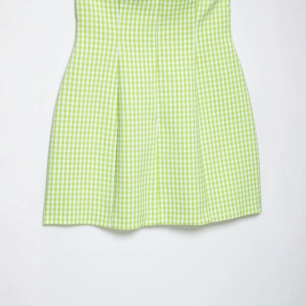 Summer Fashion Women's French Neck Straps Sexy Slim Small Plaid Short Dress