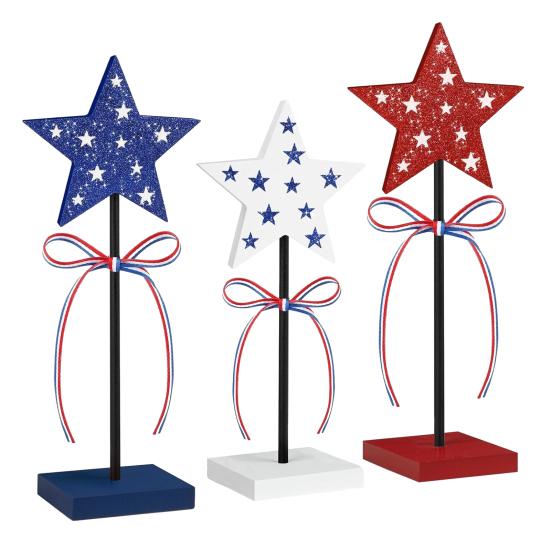 3 Pcs 4th of July Wooden Star Signs, Red White Blue Glitter Patriotic Star Table Centerpiece for Independence Day, Tiered Tray, Tabletop Decor