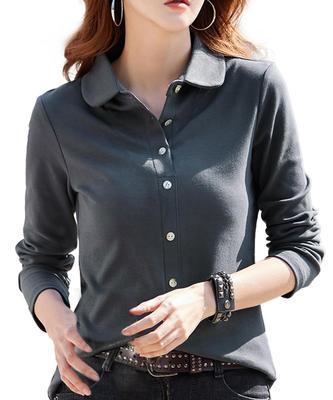 Drei Joy Damen Langarm-Poloshirt, Große Größen, Office Casual, Baumwolle, Offener Kragen, Dunkelgrau, Größe 2XL