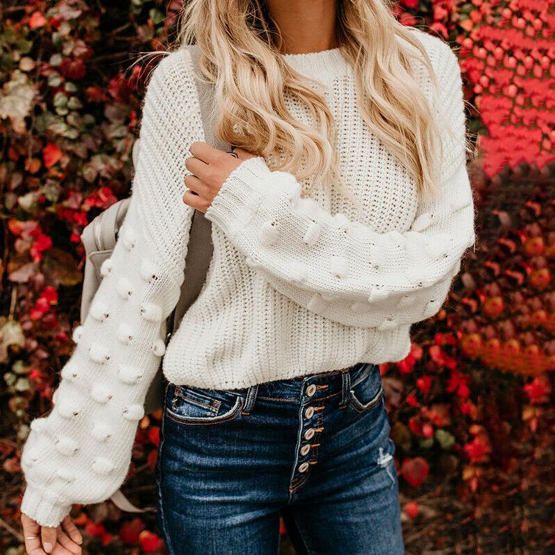 Autumn and winter new thickened short umbilical women's pullover sweater, loose casual puff sleeve women's knitted sweater
