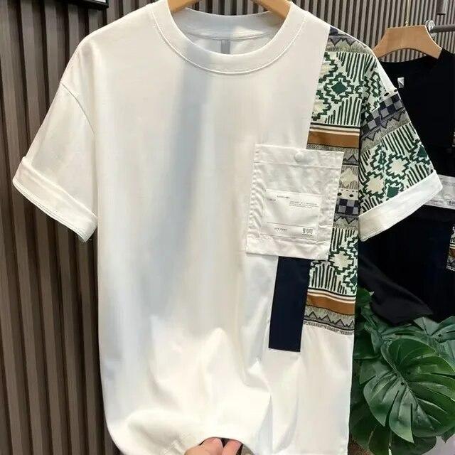 

Мужской летний свитер с круглым вырезом, модная и повседневная футболка с принтом и карманом, короткий рукав XXL белый