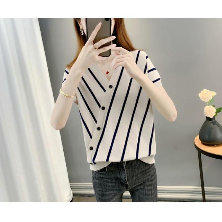 Korean Style Summer V Neck Loose Bat Sleeve Striped Ice Silk T Shirt Women Casual Thin Knit Top