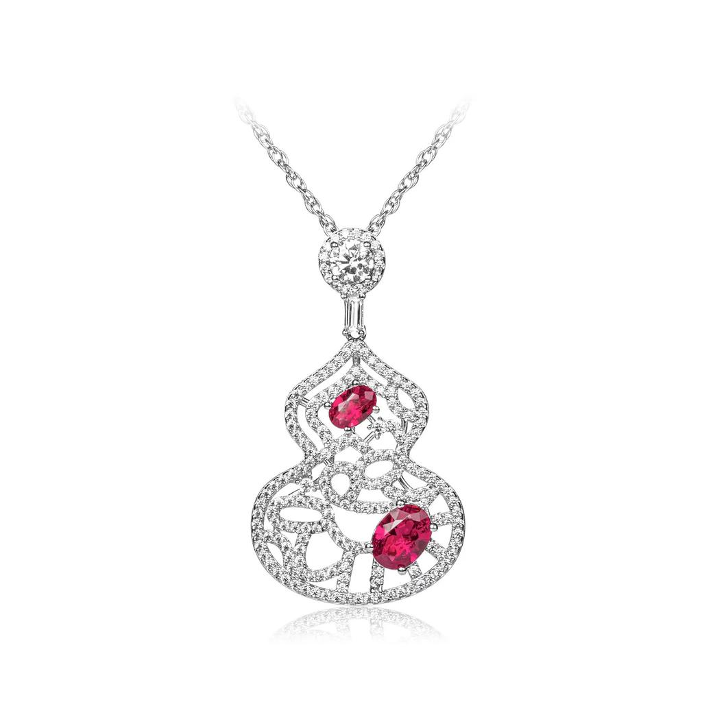 Light Luxury Ruby Necklace, Colored Treasure Earrings, Hollow Pattern Fulu Red Diamond Gourd Pendant, Simulated Emerald Set.
