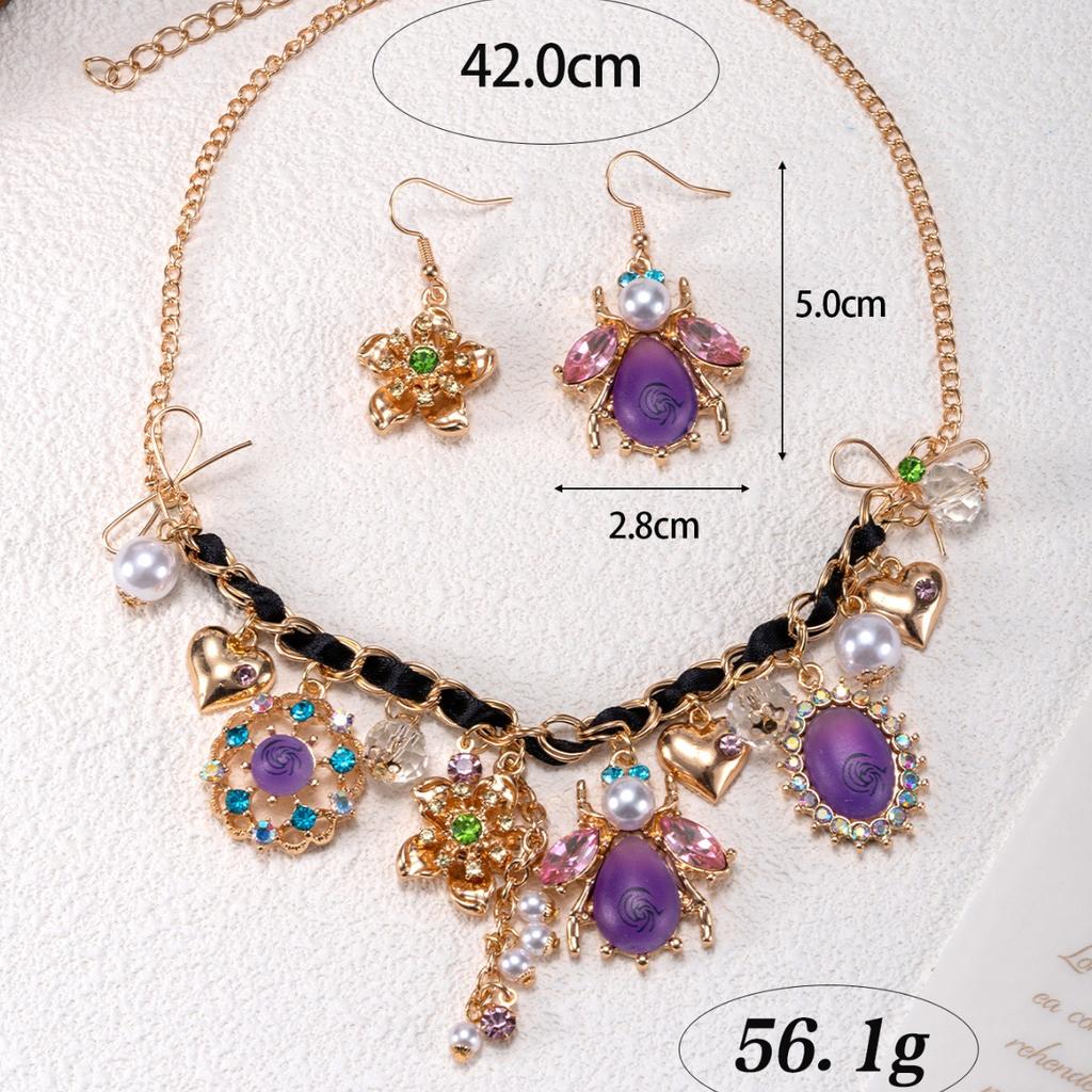New metal gold-plated chain braided rope inlaid with gemstones bee petals stud earrings necklace set