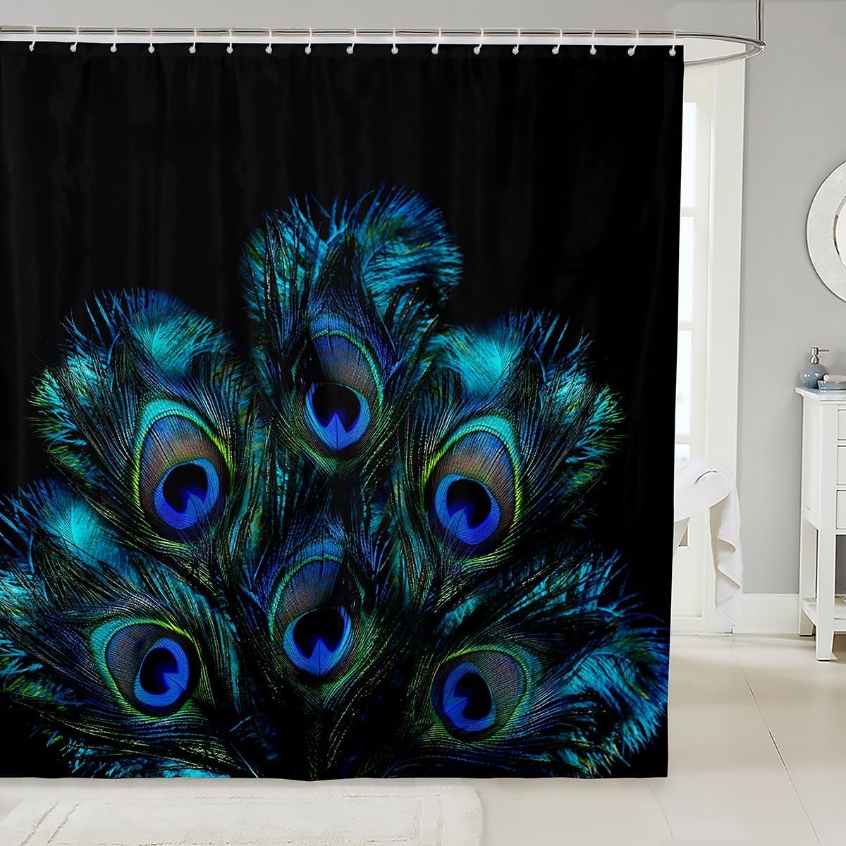 

Peacock Feather Shower Curtain Watercolor Blue Animal Theme Print Girls Bathroom Decor With Hooks W60H190(CM)-1 Pcs