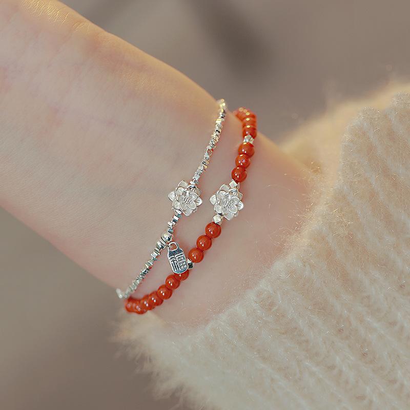 Lotus broken silver pearl bracelet women's retro new Chinese style natal fashion design versatile Nanhong agate bracelet