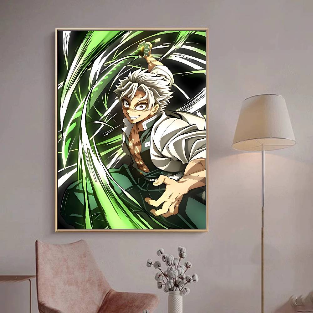 Japanese Anime Demon Slayer Self-adhesive Art Poster Retro Kraft Paper Sticker DIY Room Bar Cafe Stickers Wall Painting