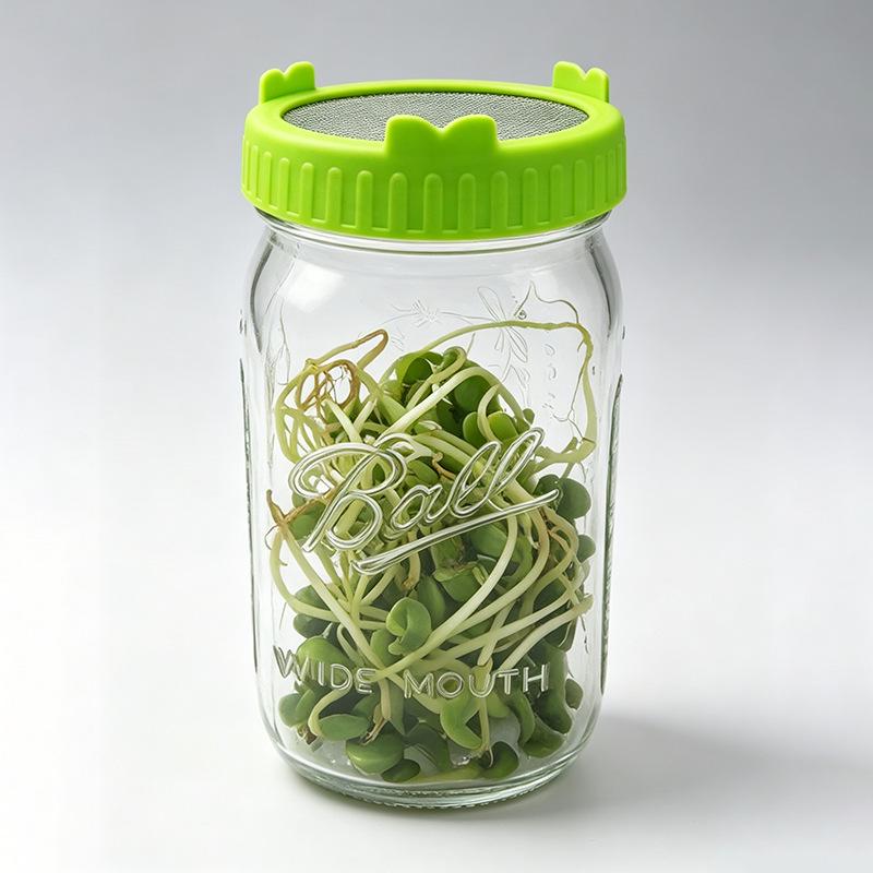 Food-Grade Glass Sprouting Jar with Multi-Functional Strainer Lid for Homemade Hydroponic Bean and Pea Seedlings.