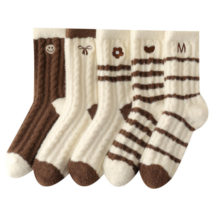 Rio Cozy Double-Sided Fleece Brown Socks 5-Pair Set 5-pair set