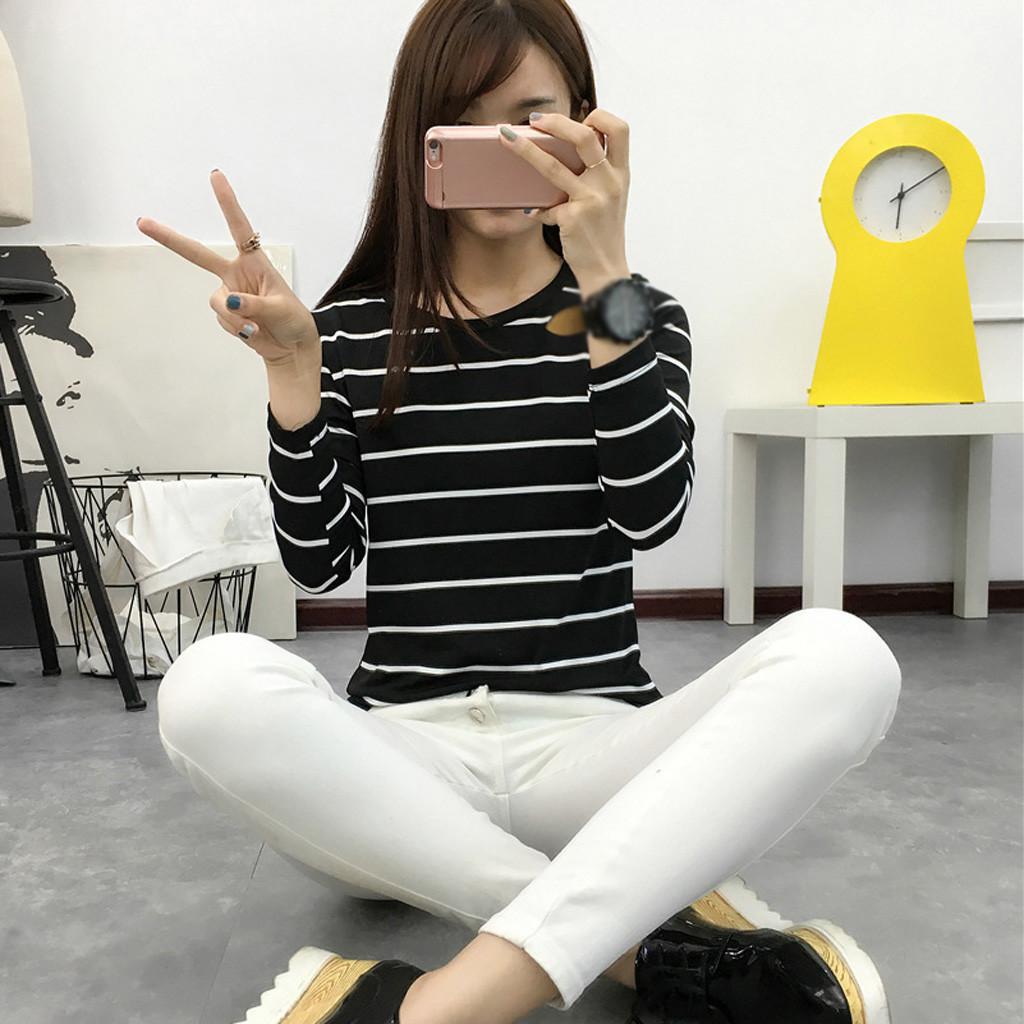 Women Korean Version Loose Stripe Long Sleeve  Bottoming Shirt Casual Tops