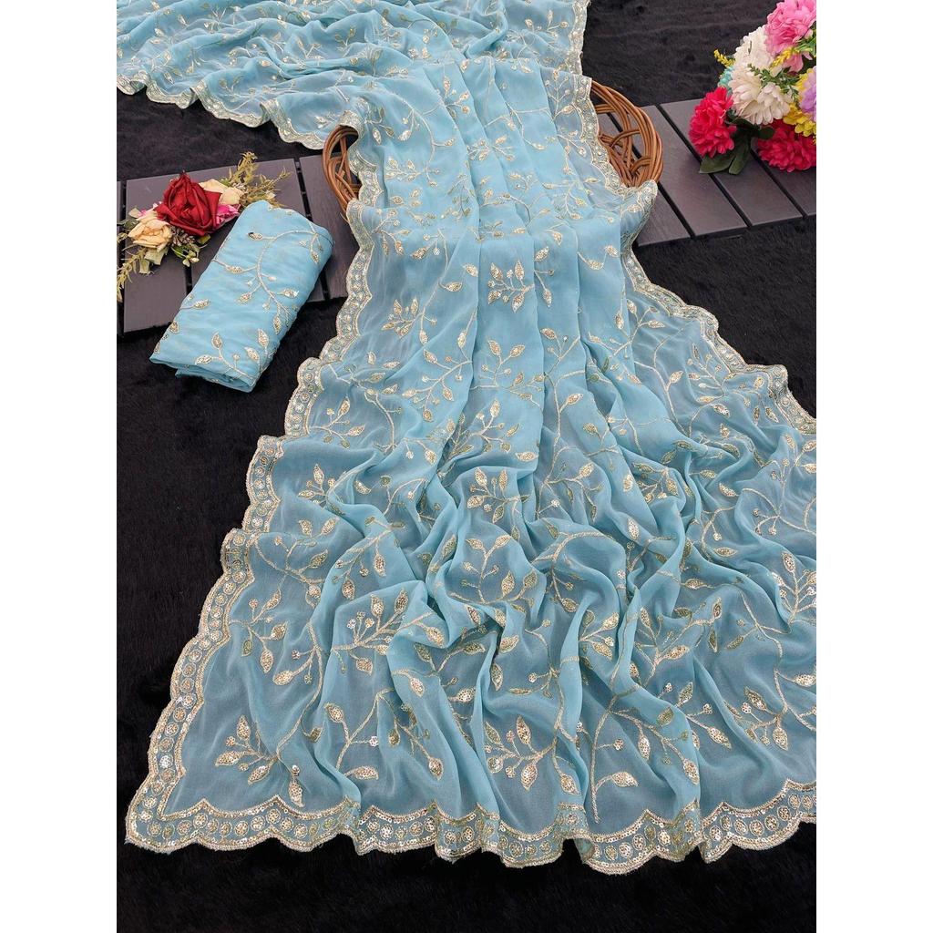 Premium Georgette Fabric C Pallu Embroidery Sequins  Thread Work ,Blouse (Need To Be Stitched As Per Size And Fit)
