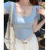 Front shoulder square neck short-sleeved T-shirt women's summer new small short navel U-neck white top