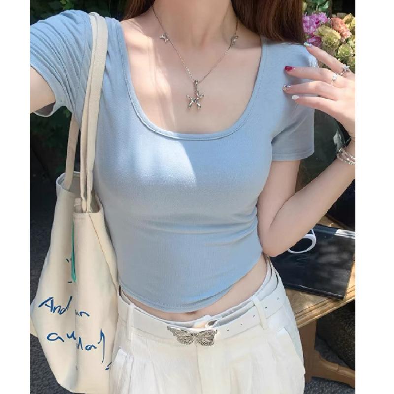 Front shoulder square neck short-sleeved T-shirt women's summer new small short navel U-neck white top