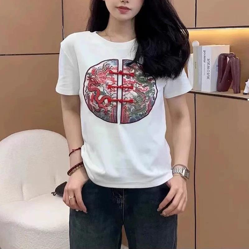 

Летняя футболка с вышивкой в китайском стиле и изображением лягушки, женская свободная повседневная модная футболка с коротким рукавом, женские пуловеры 5XL