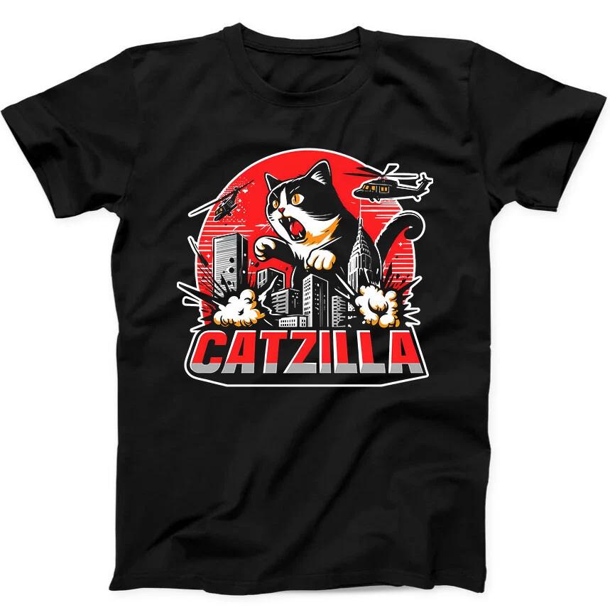 Catzilla Смешной Кот Юмористический Подарок Черная Футболка 205 S