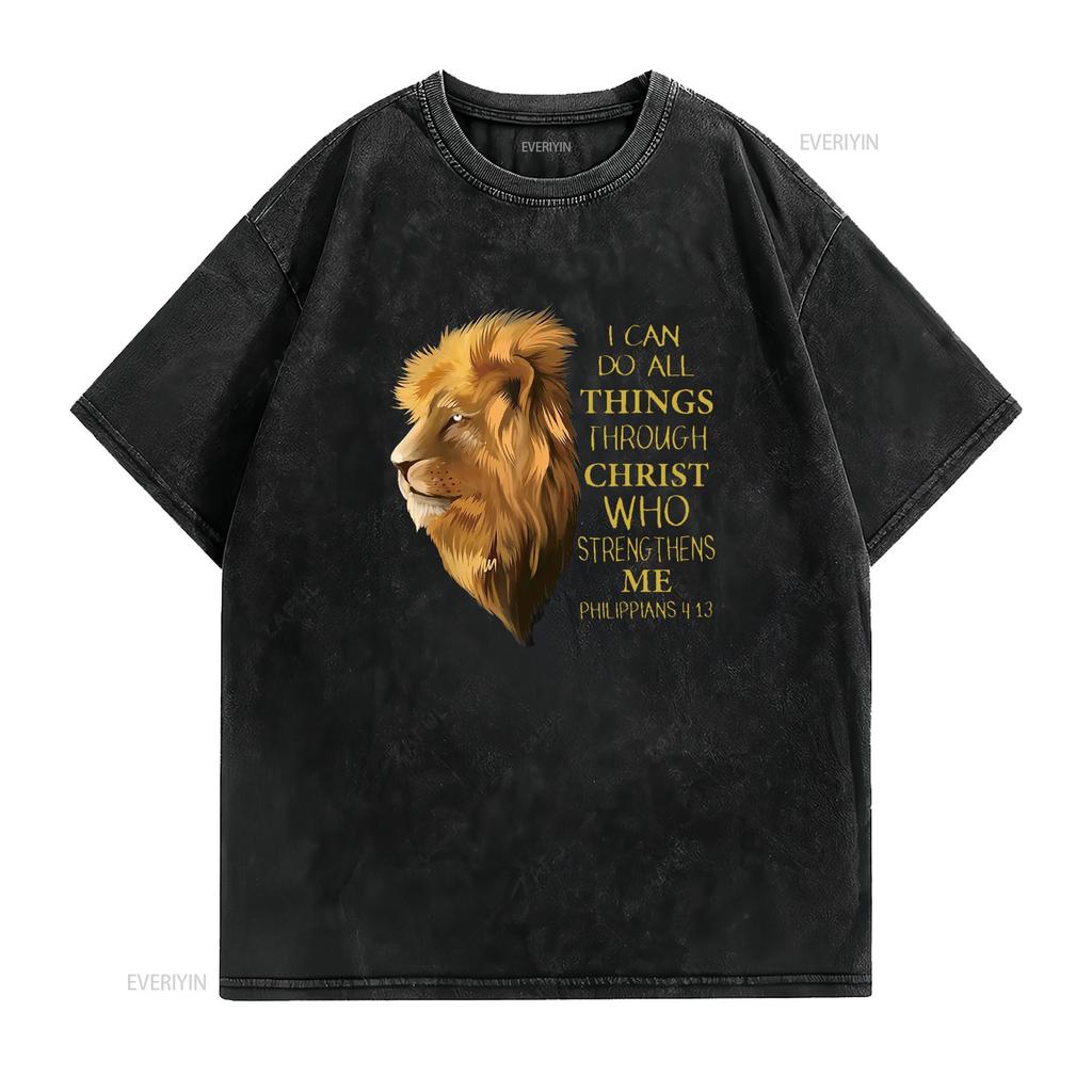 Philippians 4 13 Religious Lion Verses Funny Christian T Shirt Black Medium Vintage Washed Streetwear Breathable Slightly