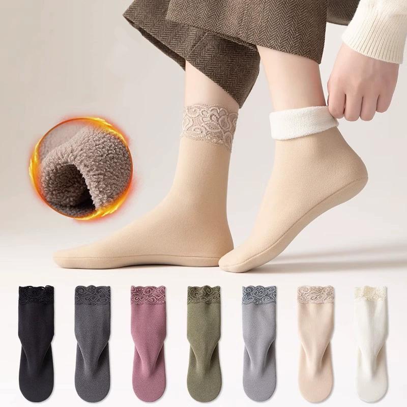 1Pair Lace Keep Warm Thicken Winter Socks Self-heating Fleece-lined Cotton Snow Socks