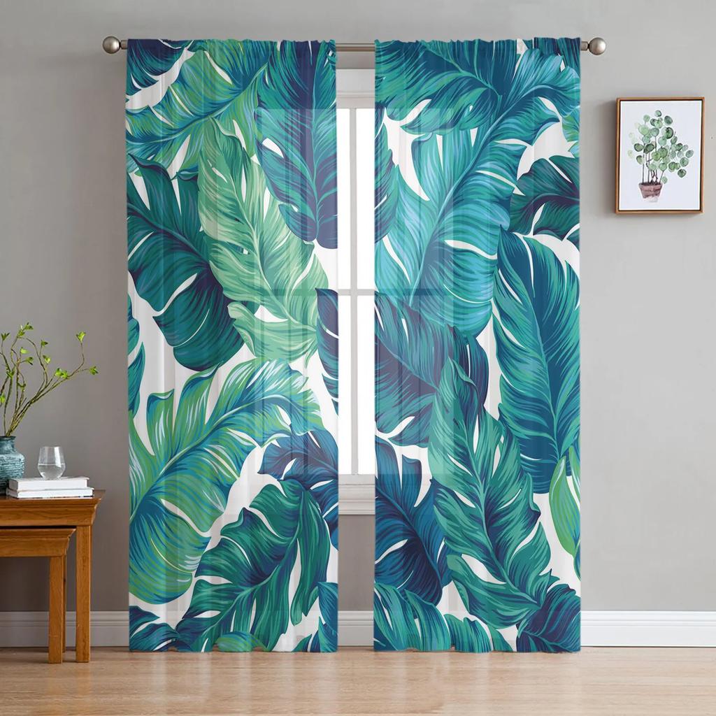Luxury Tropical Plants Monstera Palm Leaves Curtains Living Room Printed Tulle Window Curtain Home Balcony Decor Drapes With Sheer Polyester Perfect