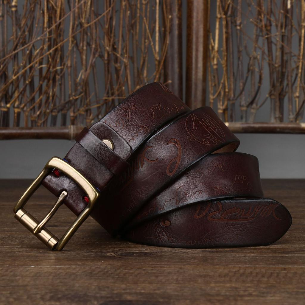 Belt Men's Retro Distressed Laser Carved Italian Vegetable Tanned Leather First Layer Pure Cattlehide Brass Buckle Belt