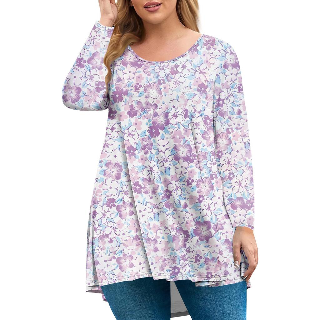 Women's plus size top, garden collar long sleeved shirt, fashionable floral print casual top