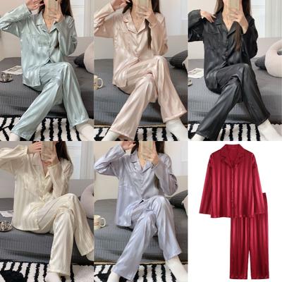 Damen Pyjama Set Lange Ärmel Mädchen Hauskleidung Zweiteiliges Set Einfacher Gestreifter Cardigan Sexy Nachtwäsche Herbst und Winter