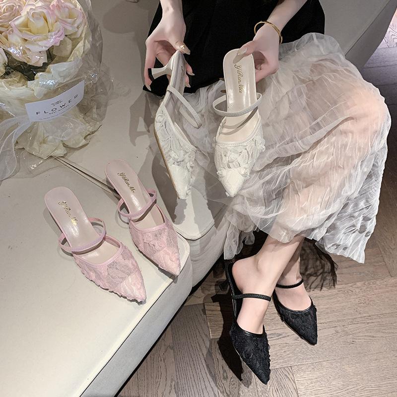 High heels women's spring and summer 2025 new French bag head half drag temperament pointed lace mesh stiletto slippers women