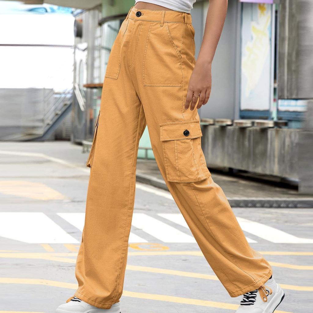 Women's Casual Street Style Multi-pocket Straight High Waist Slim Wide Leg Work Trousers