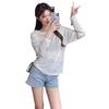 Summer Women's Loose Long Sleeve Blouse Bottom Shirt Thin Round Neck Sun Shirt Pullover Air Conditioner Hoodie