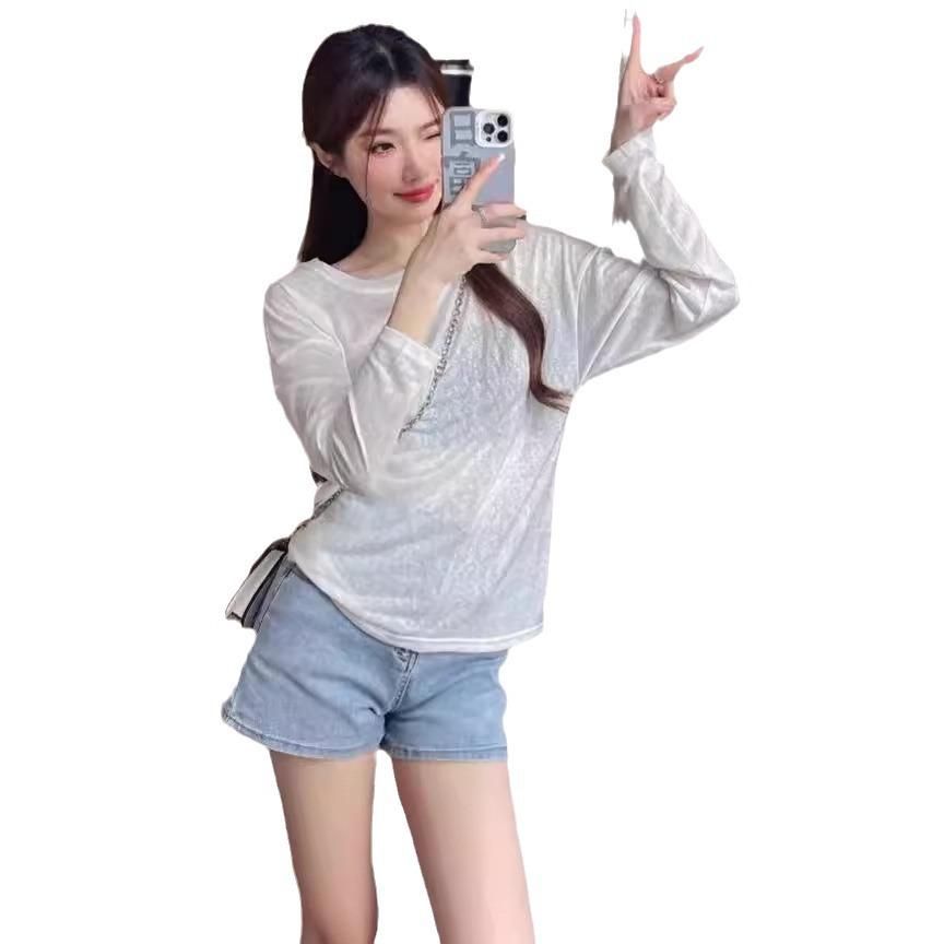Summer Women's Loose Long Sleeve Blouse Bottom Shirt Thin Round Neck Sun Shirt Pullover Air Conditioner Hoodie