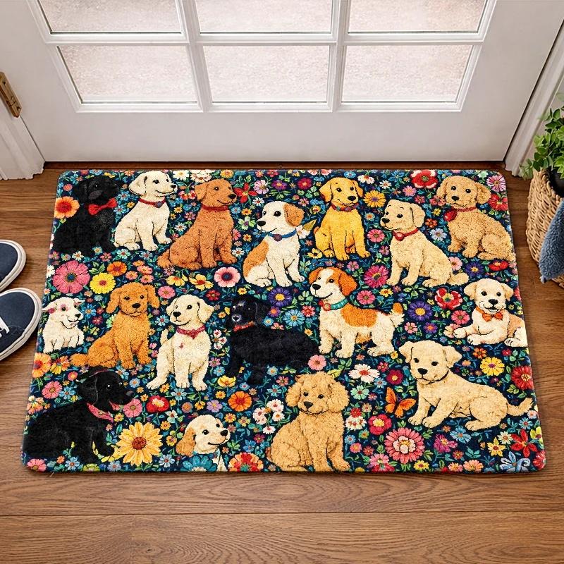 Floral Puppy Welcome Doormat Colorful Mixed Dog Breed Wildflower Print Farmhouse Front Door Rug